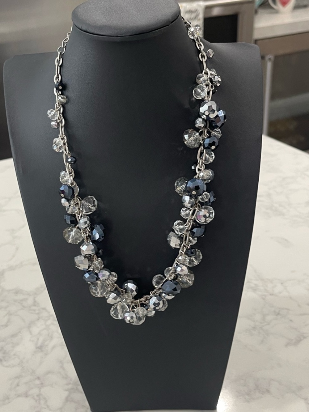 Faceted Crystal Cluster Necklace in Silver and Black